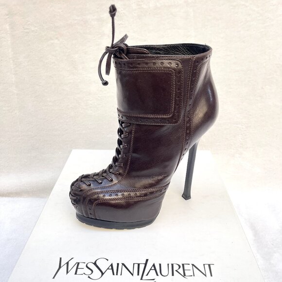 Auc YSL Tribtoo Brown Leather Platform Ankle Booties Boot 7,5 - Picture 1 of 14